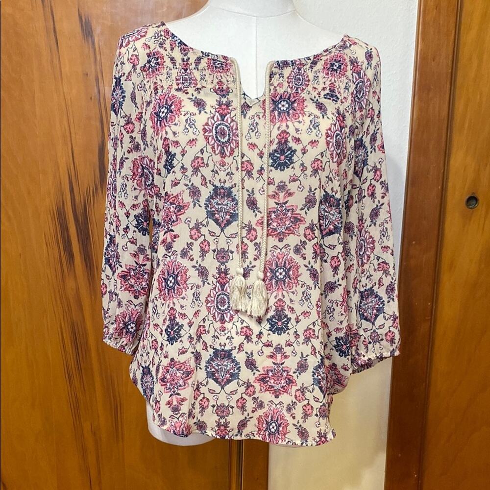 Sonoma Pink & Purple Floral Top Blouse Braided Front Ties Tassels Boho Prairie